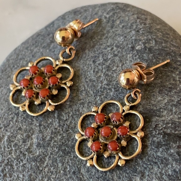 Vintage Zuni Native American Handcrafted 14K Red Coral Earrings - Picture 8 of 14